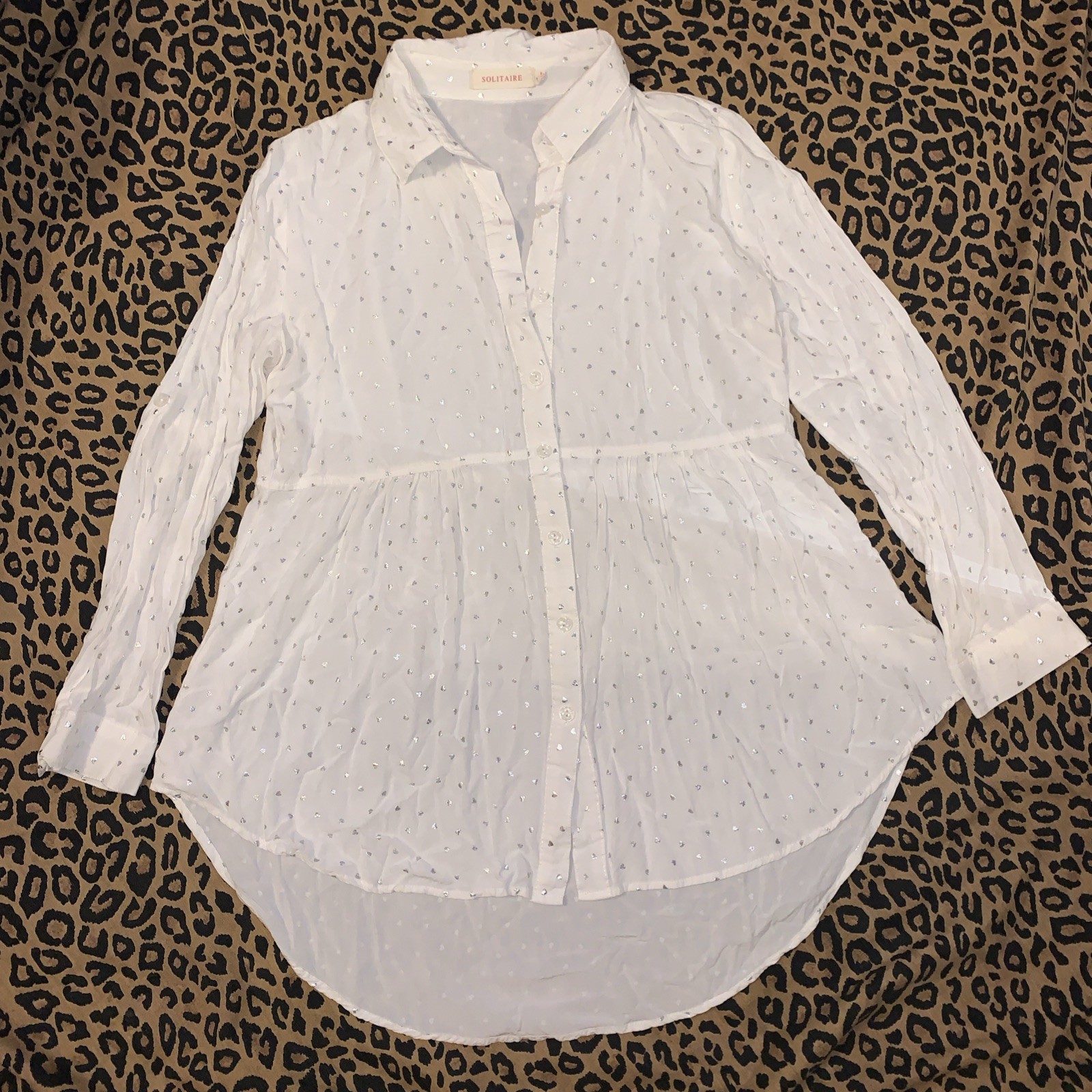 Solitaire White Silver Hearts Button Down Top L M