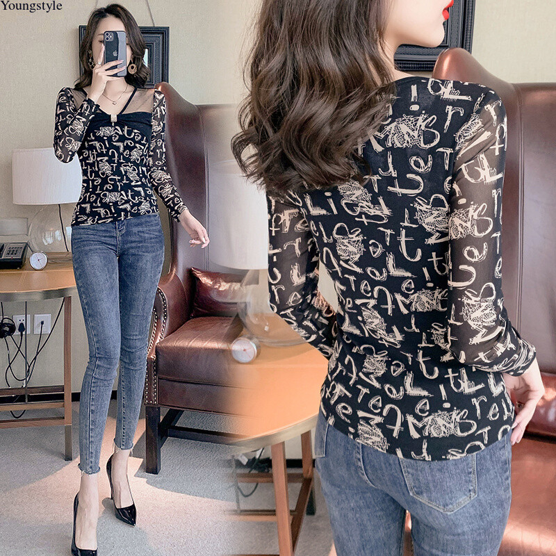 Sexy Korean Women Mesh Rhinestone Slim Casual Party Cocktail Tops Blouse Shirts