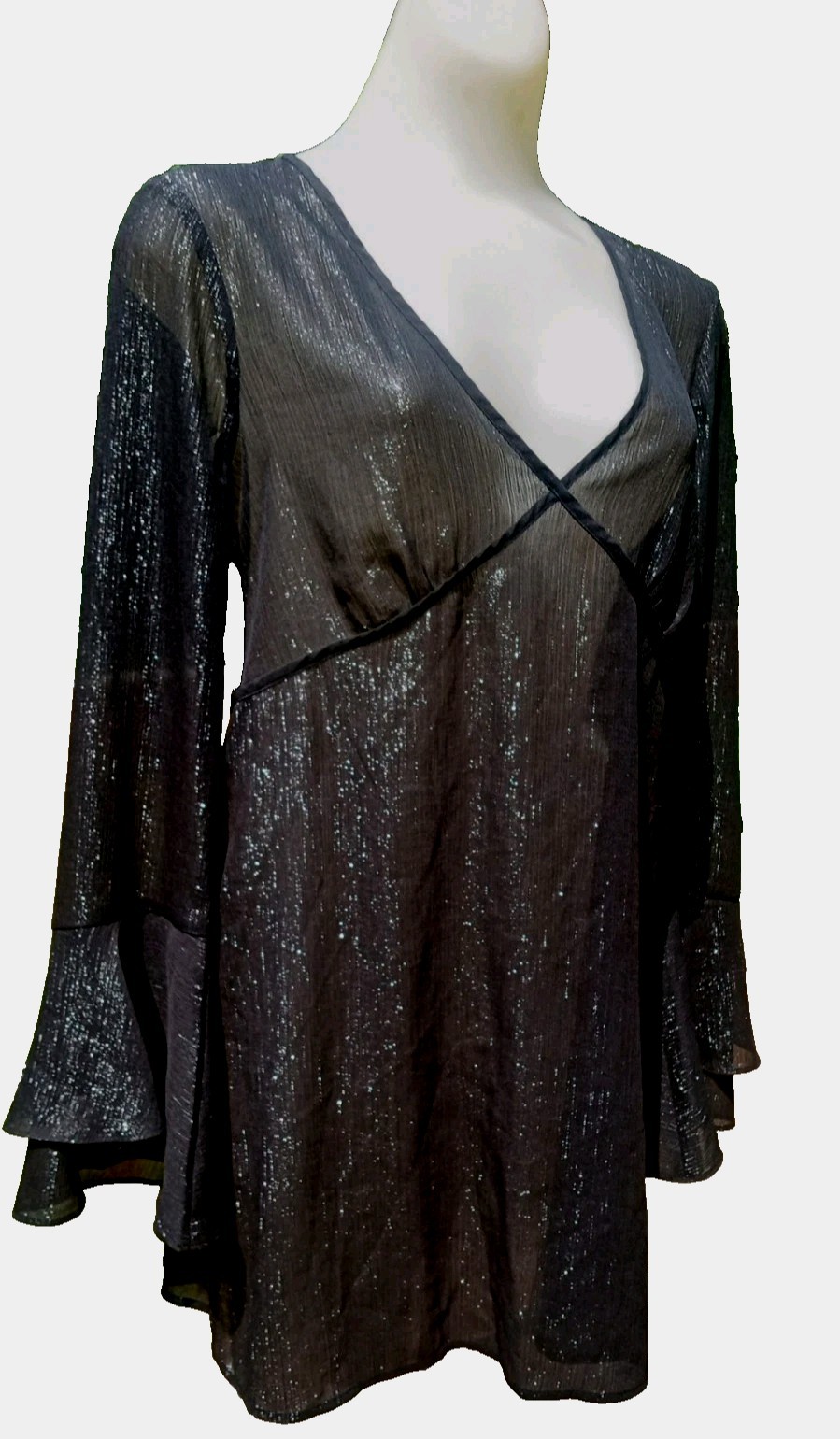 NWOT BCBGeneration Black Metallic Double Bell Sleeve Gothic Tunic Top Sz S- Tall