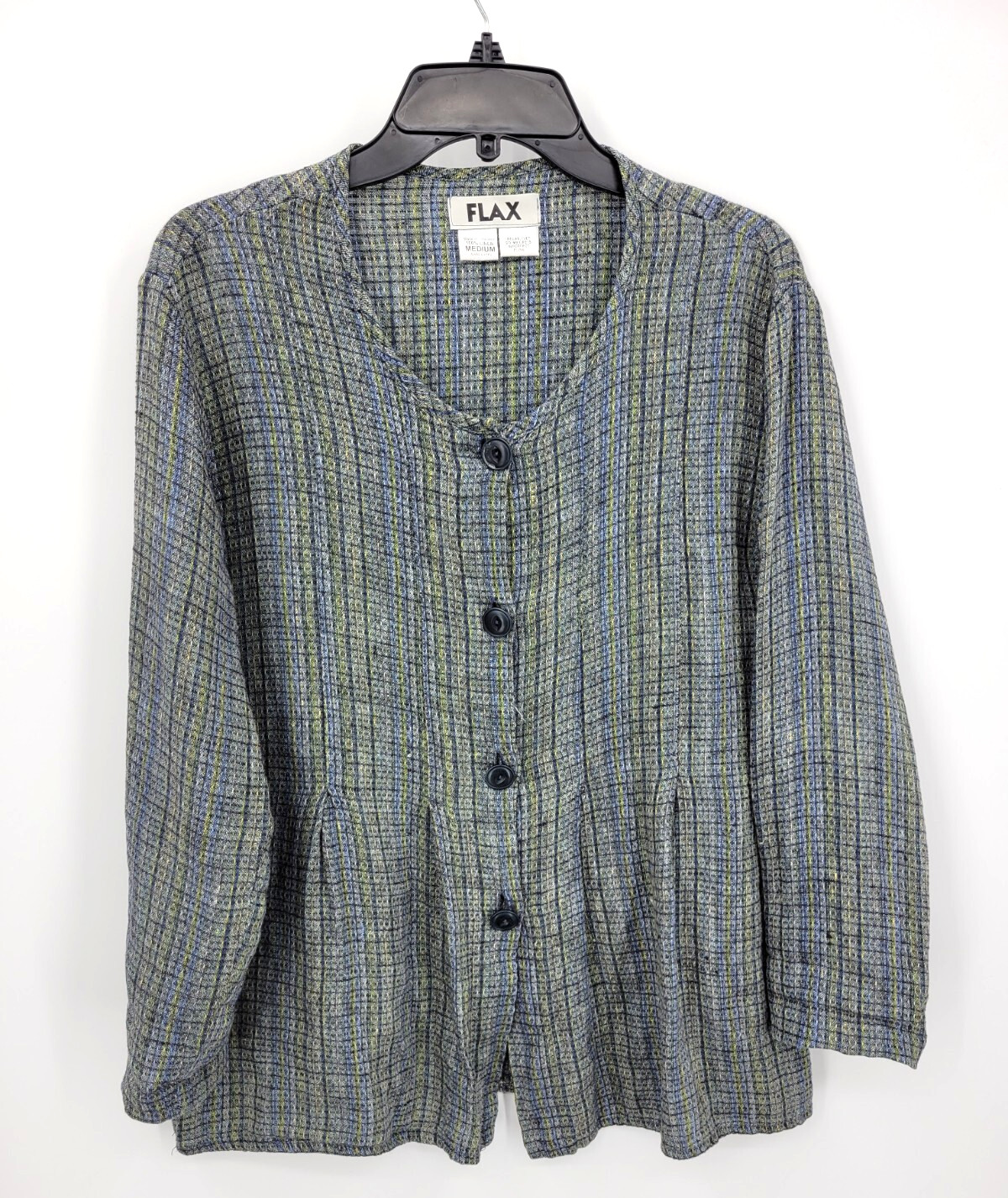 Flax Shirt Jacket Womens Medium Multicolor Linen V Neck Button Up Lagenlook Boho