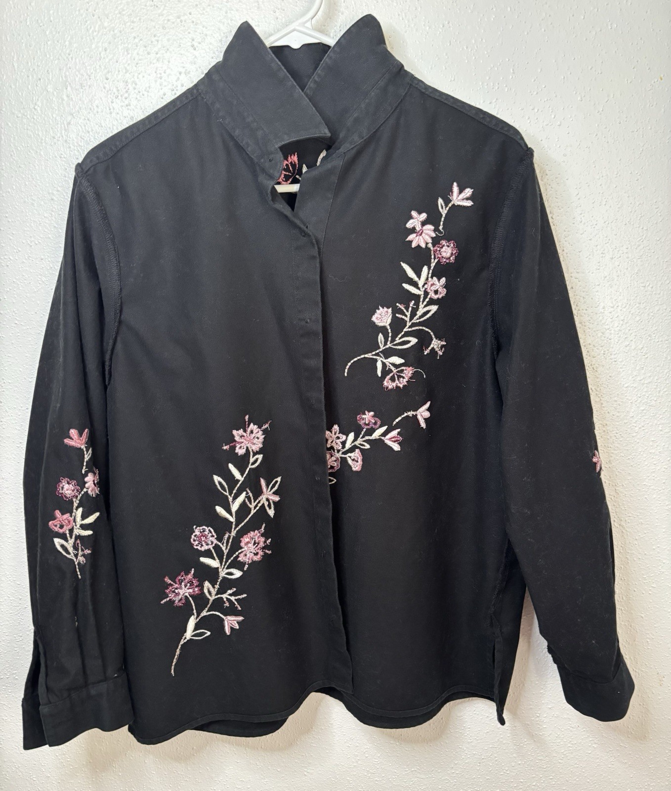 Bechamel Petites Black Floral Embroidered Woven Cotton Button-Up Shirt PL