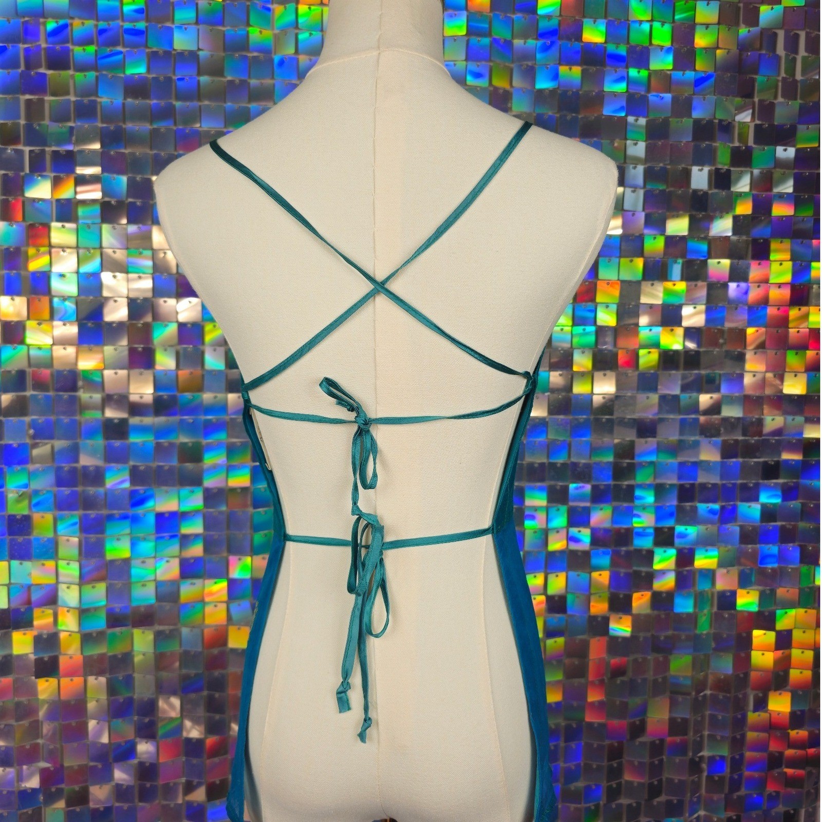 Mokea Australia Designer Halter Women M Y2K Teal Hand Woven Sheer Lace Up Back