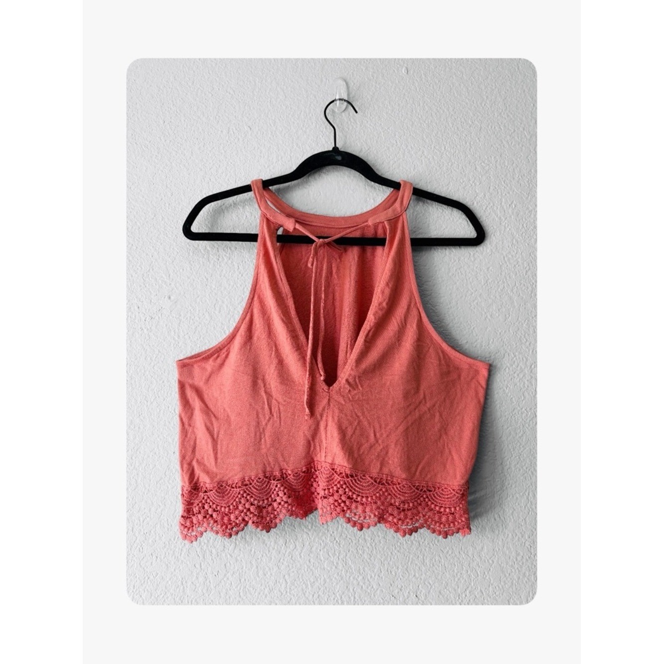 Forever 21 Boho Halter Tie Back Lace Hem Top Peach