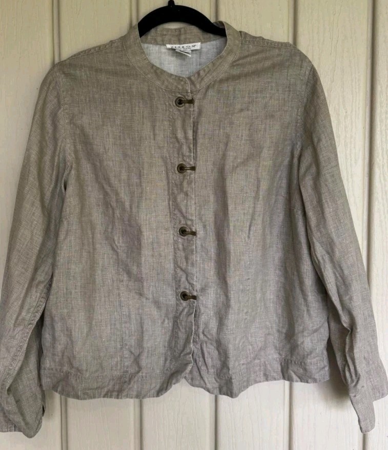 Citron Santa Monica Jacket Blouse Top Shirt Linen Pockets Khaki Taupe Sz L