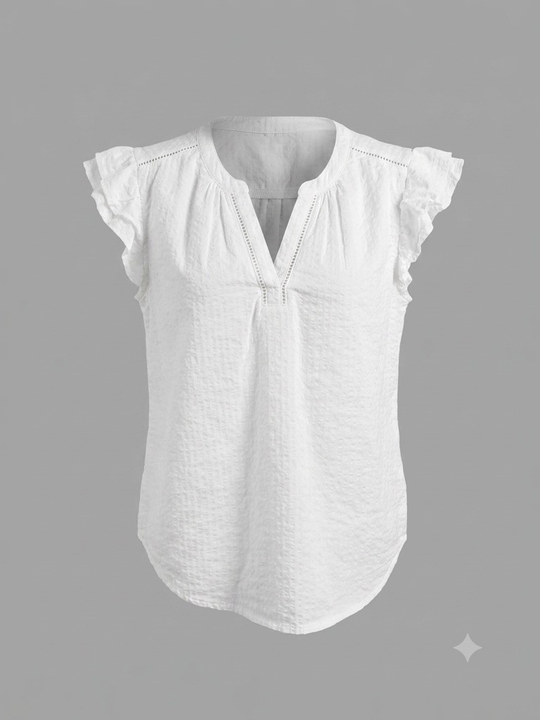 Liz Claiborne Ruffle Short Sleeve White V Neck Top L Cottagecore