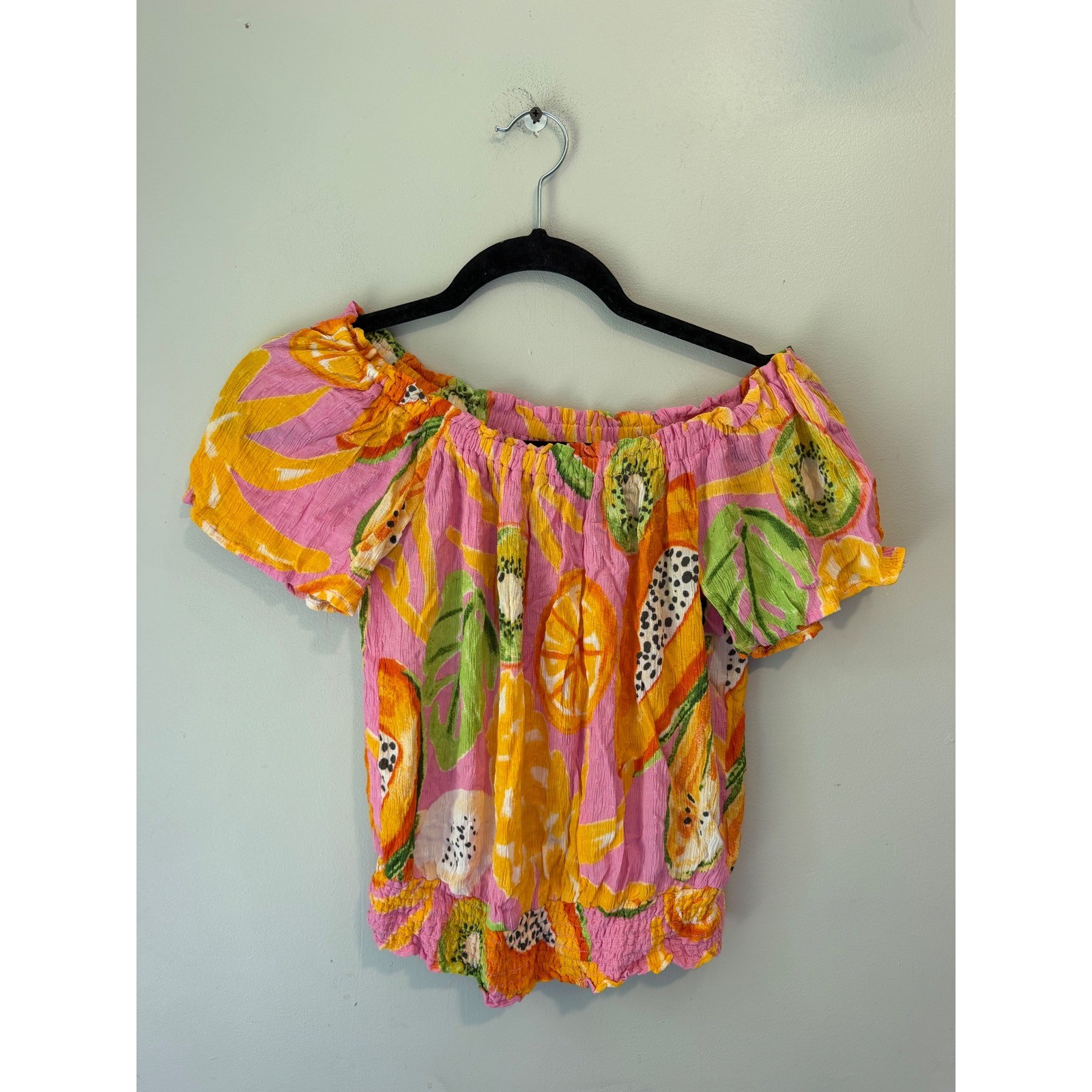C&C California Pink Tropical Fruit Print Off Shoulder Smocked Crop Top XS