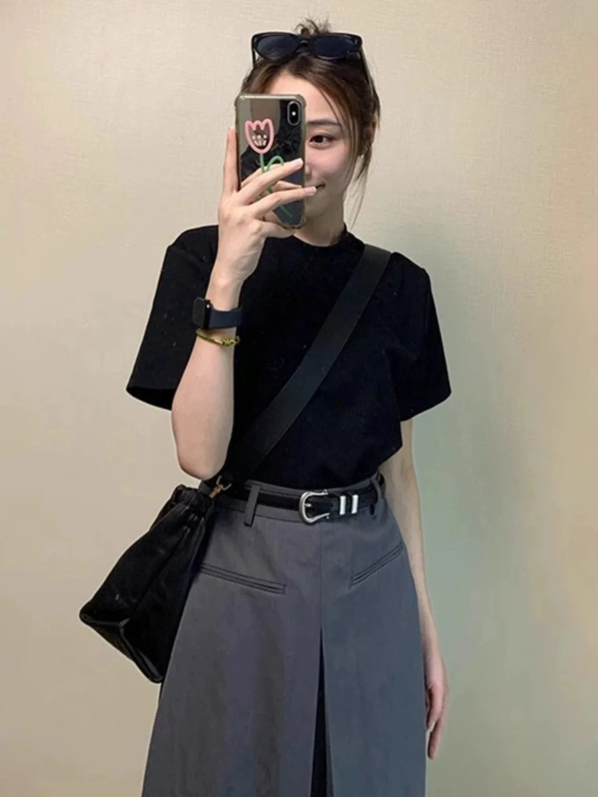 Summer Women’s Retro Black Pure Cotton Short Sleeve Casual T Shirt Top