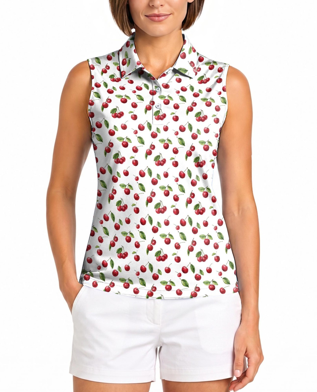 Women Sleeveless Polo Shirt Cherry Fruit Food Watercolor Top