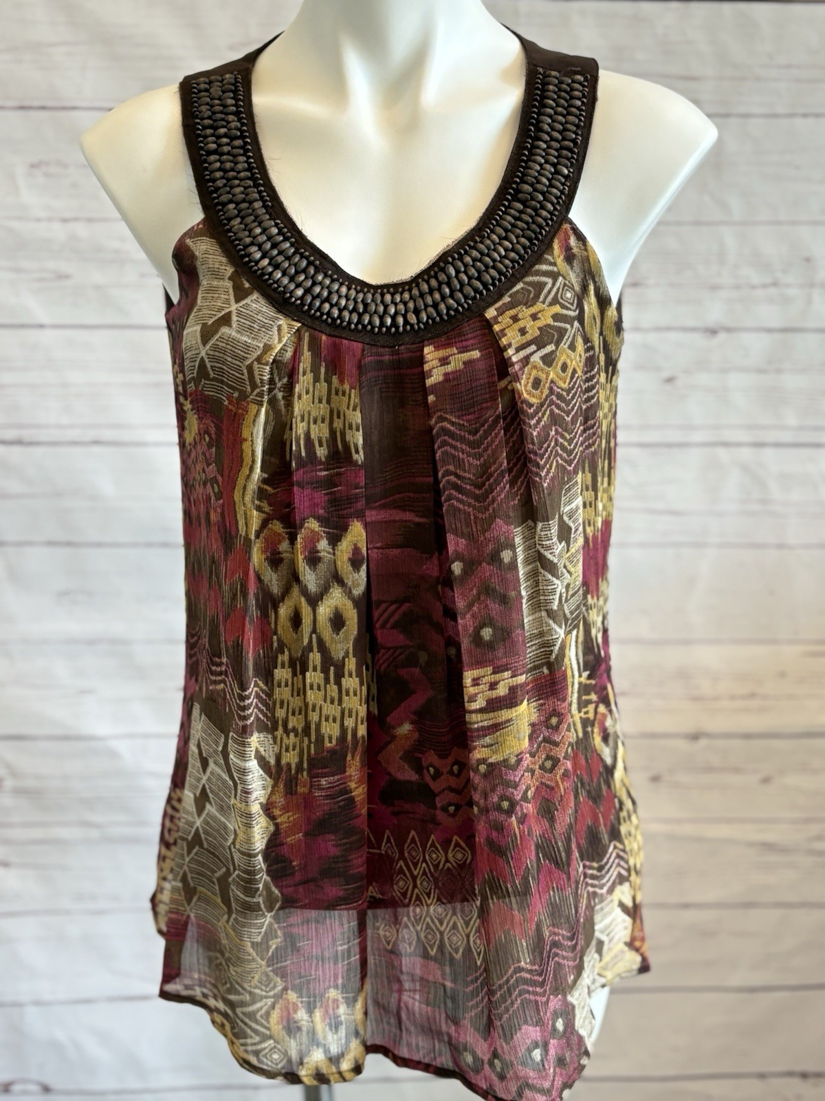 ZAC & RACHEL Aztec Tunic Top Size Small Bohemian Beaded Neckline Lined Brown