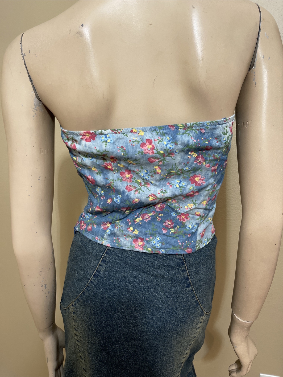 Women’s Blue Floral Denim Casual Summer Opened Ruffle Zipper Size M Blouse Top
