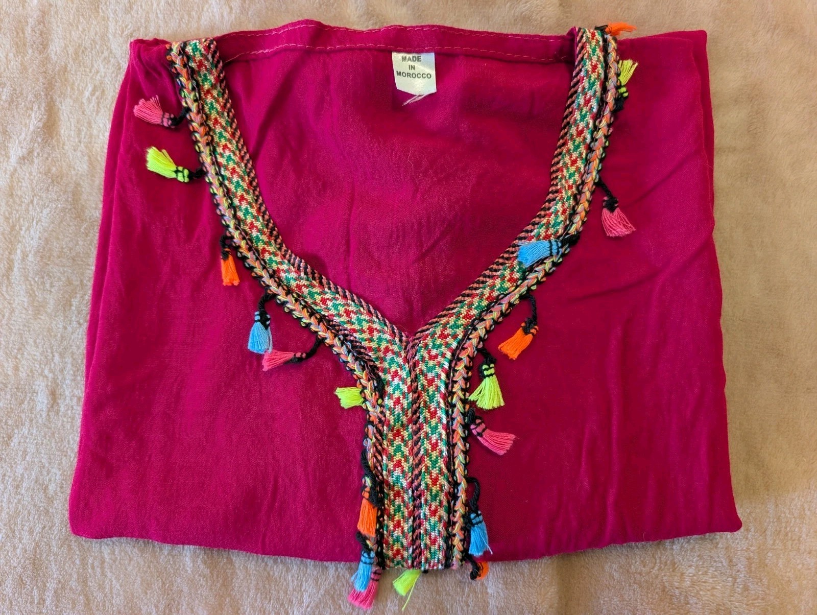 Women’s Pink Multicolor Tassel Caftan Sleeveless V-Neck Tunic Morocco Size M