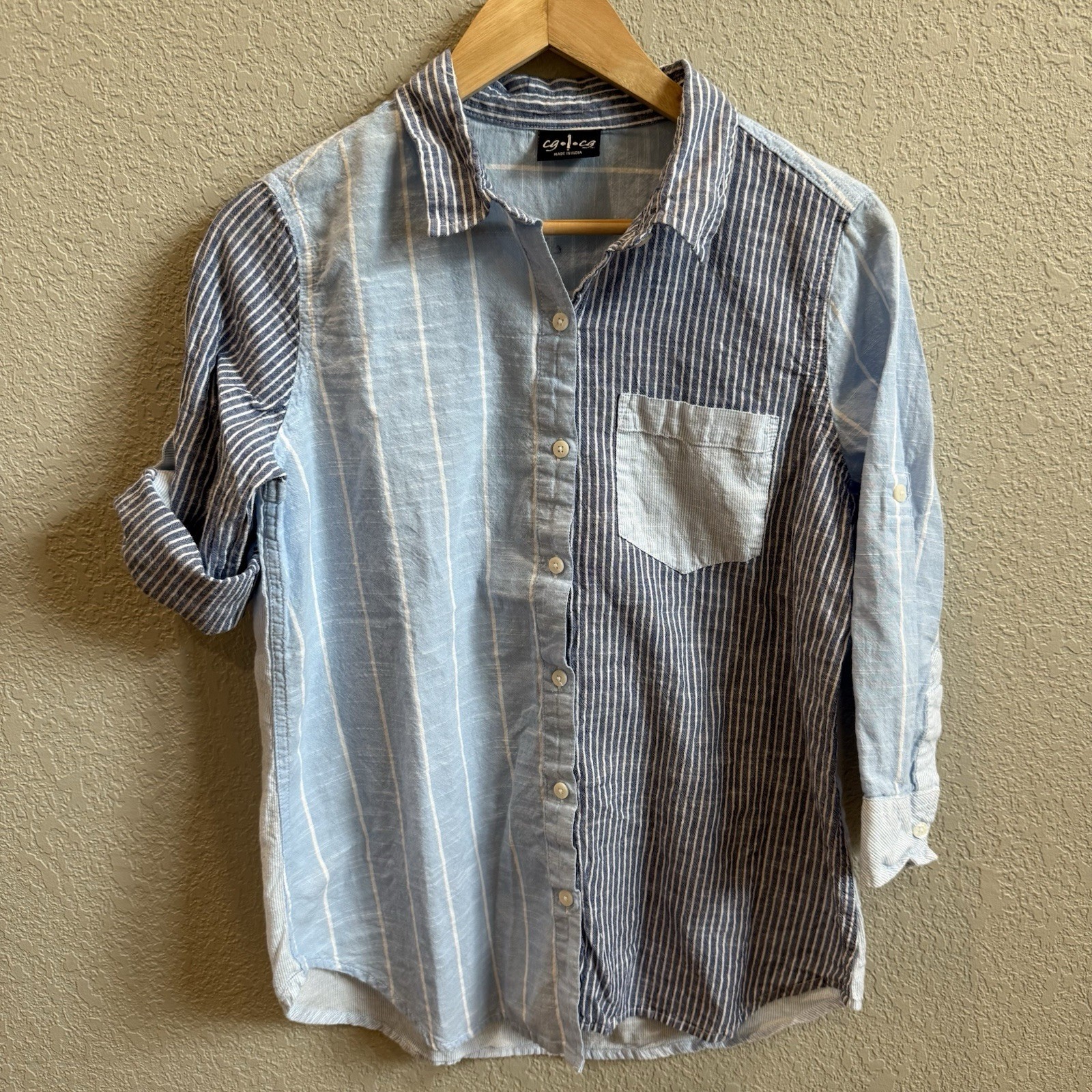 CG.L.CG Womens S Button Down Shirt Multi-Pattern Blue White Stripe 3/4 Sleeve