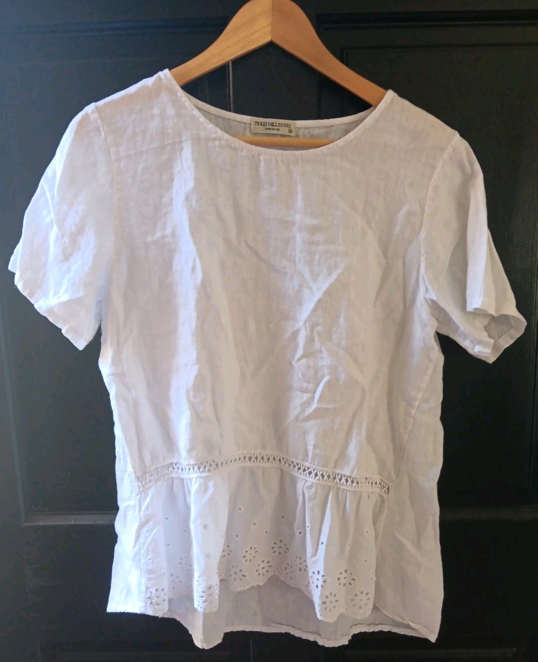Terzo Millennio Italy White Linen Eyelet Ruffle Tunic Top Peplum Womens Sz M