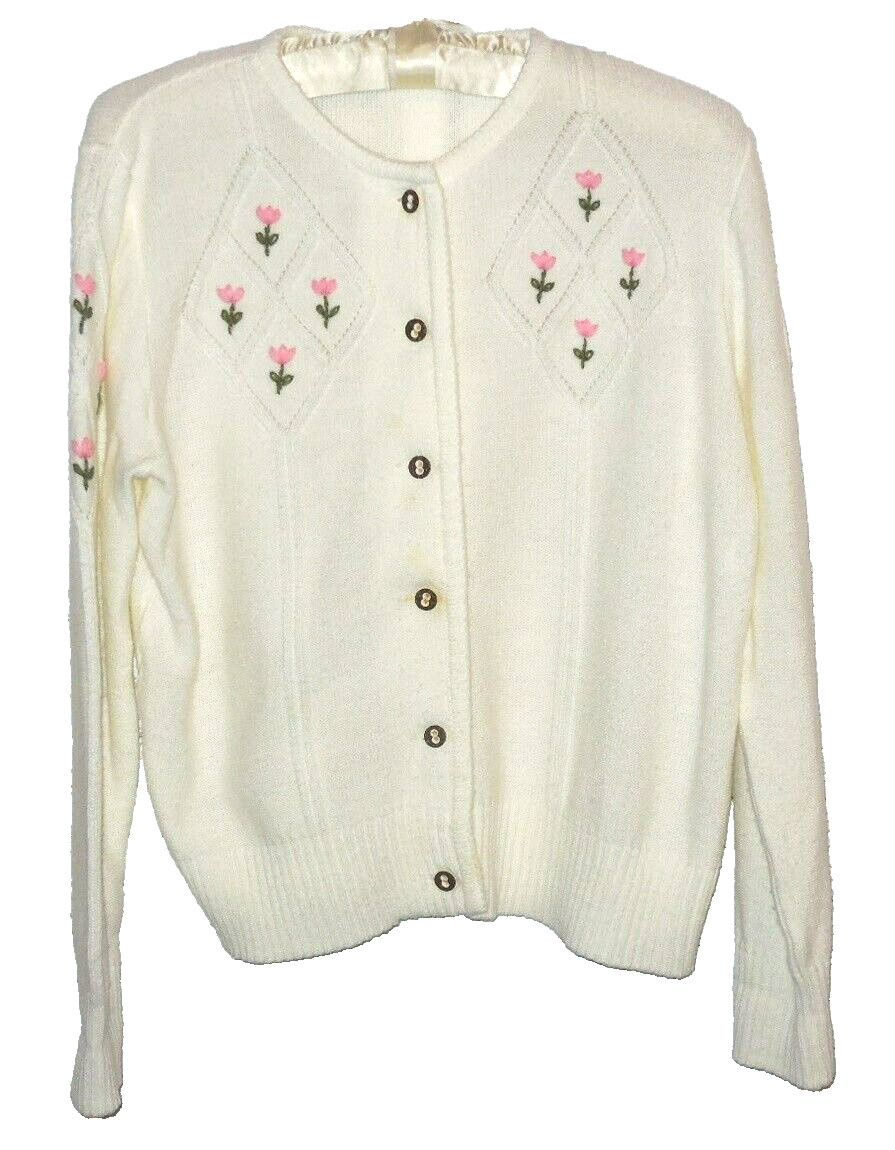Ladies S/M Knit White Button-Up Cardigan Sweater Embroidered Pink Tulip Flowers