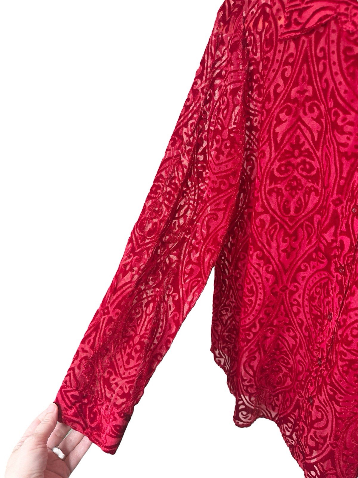 Covington Red Velvet Burnout Button Up Blouse Whimsigoth Fairycore Victorian New