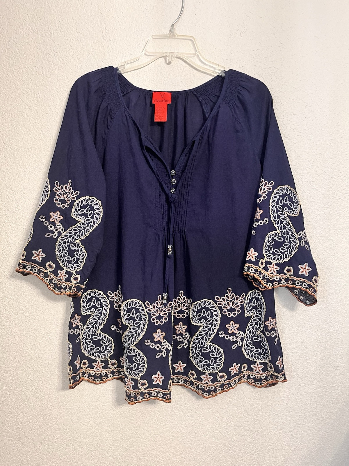 V Cristina Top Peasant Blouse Women S Navy Embroidered 3/4 Sleeve Tassels Boho