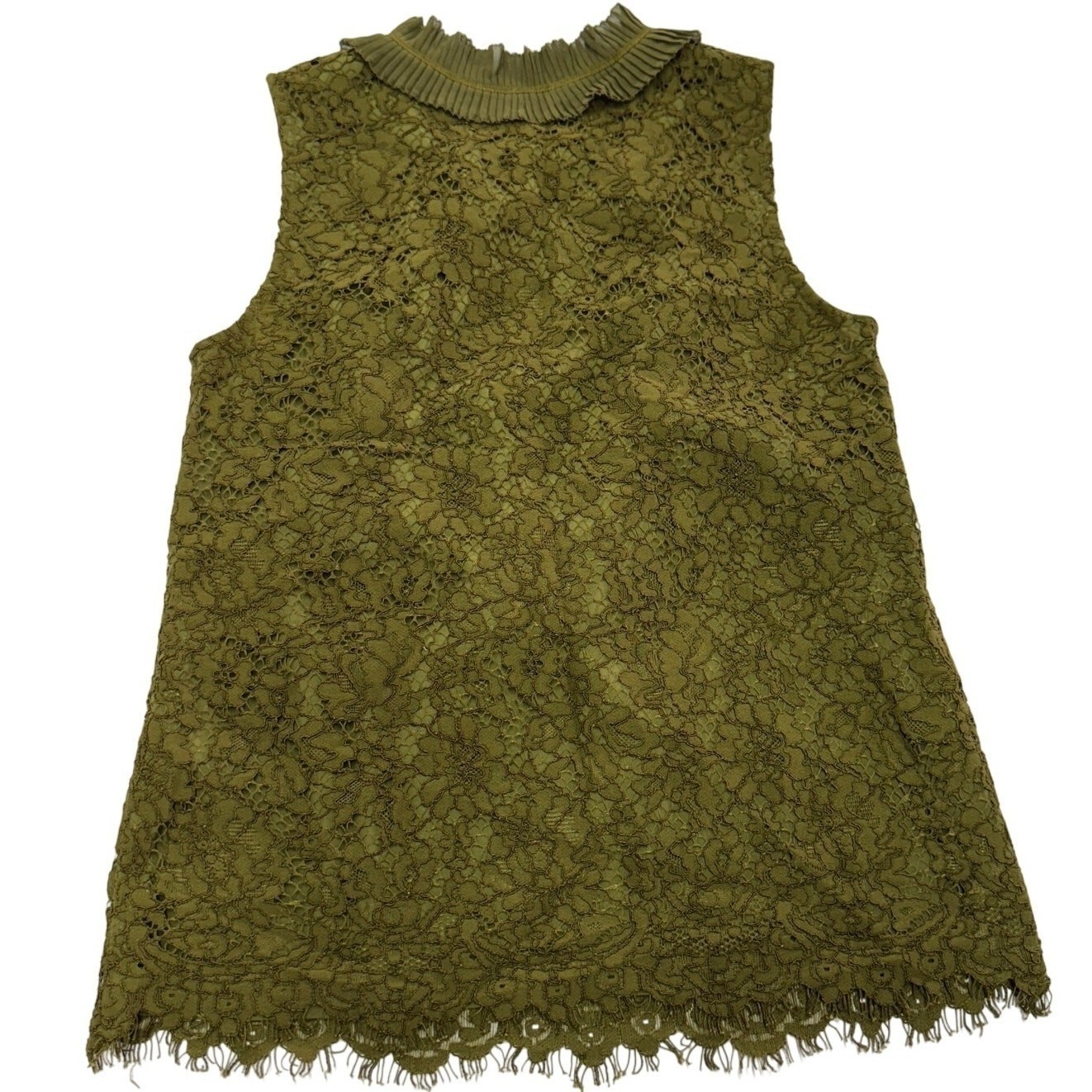 J.Crew Tank Top Women PXS Green Lace Ruffle Pleated Keyhole H4127
