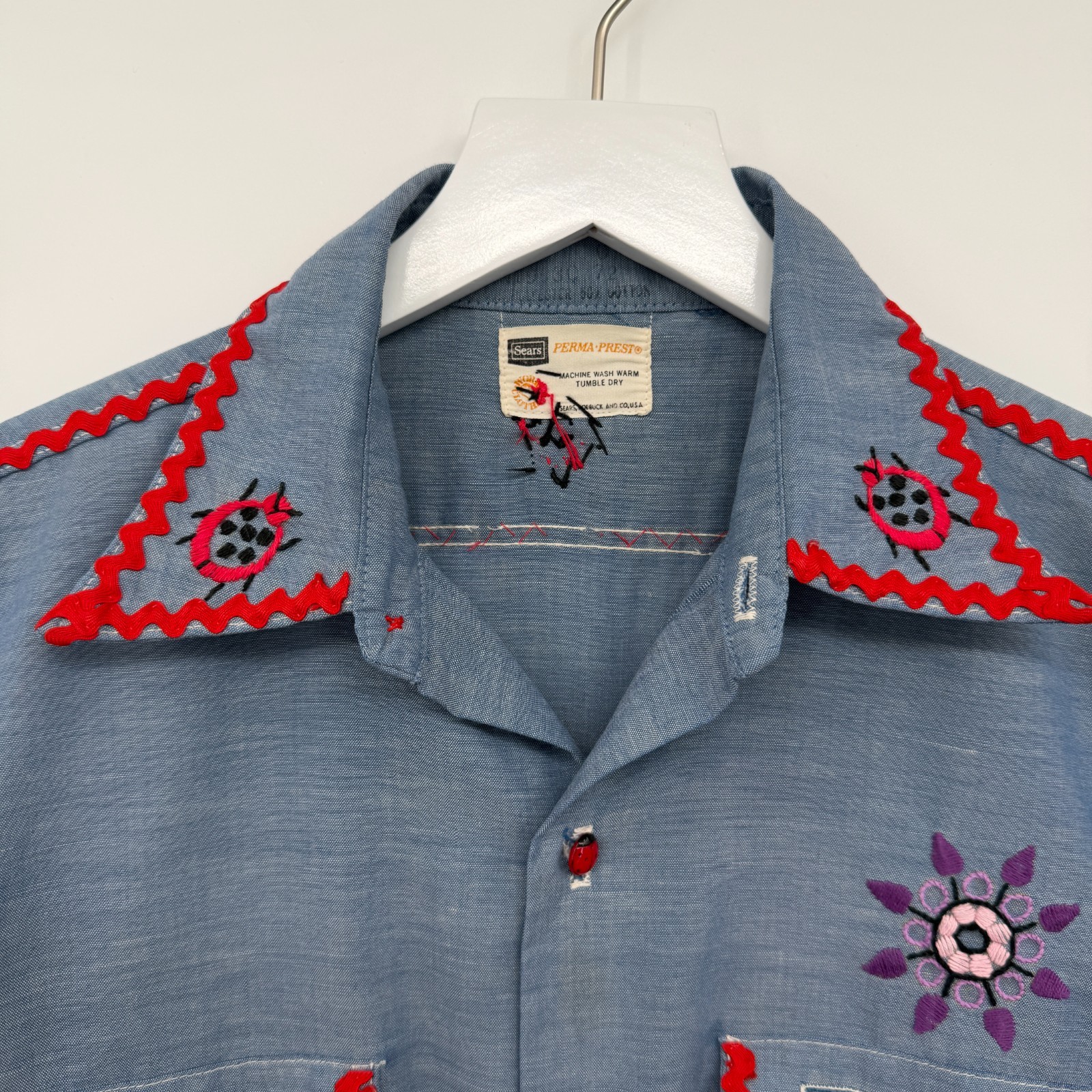 Vintage 70s Hand Embroidered Top Shirt S M Chambray Lady Bug Owl Floral USA
