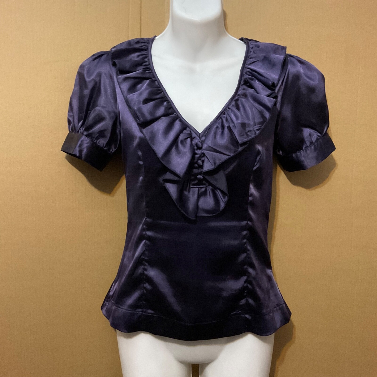 Goth Edwardian Victorian Style Short Sleeves Ruffle Shiny Purple Blouse Top Sz S