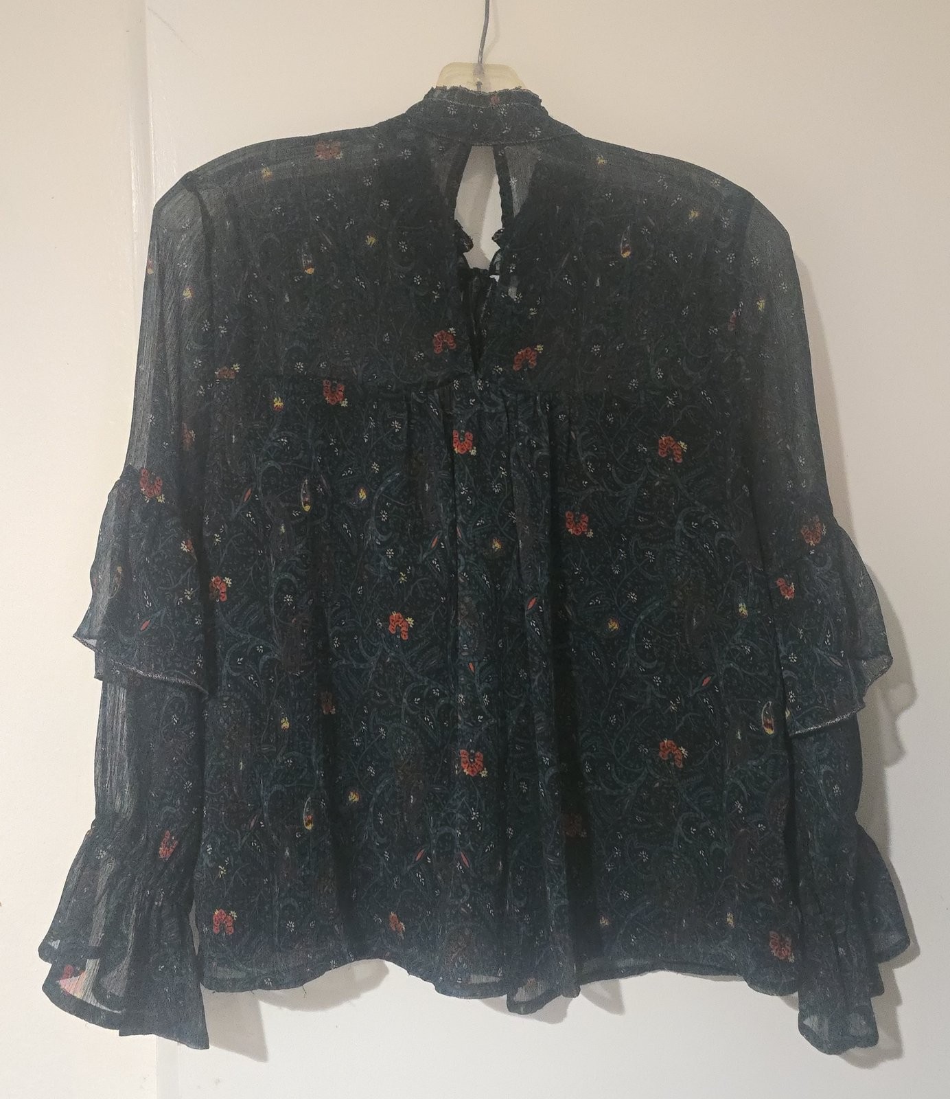 Lucky Brand Sheer Boho Ruffle Blouse S Dark Floral Paisley Whimsigoth Coquette T