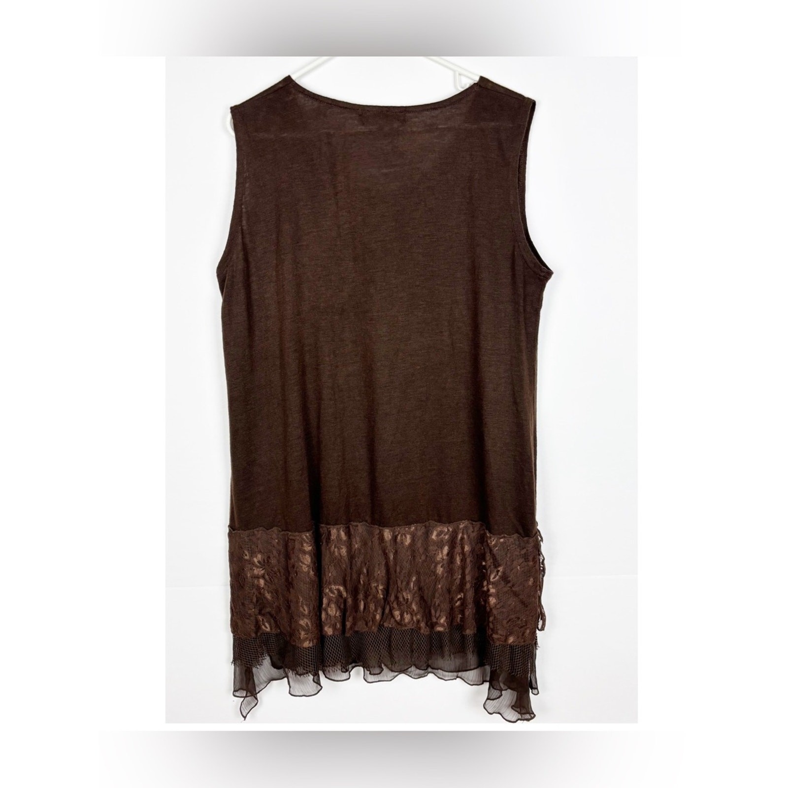 Pretty Angel Tunic Dress Brown Lace Hem linen Blend XL Lagenlook Cottagecore