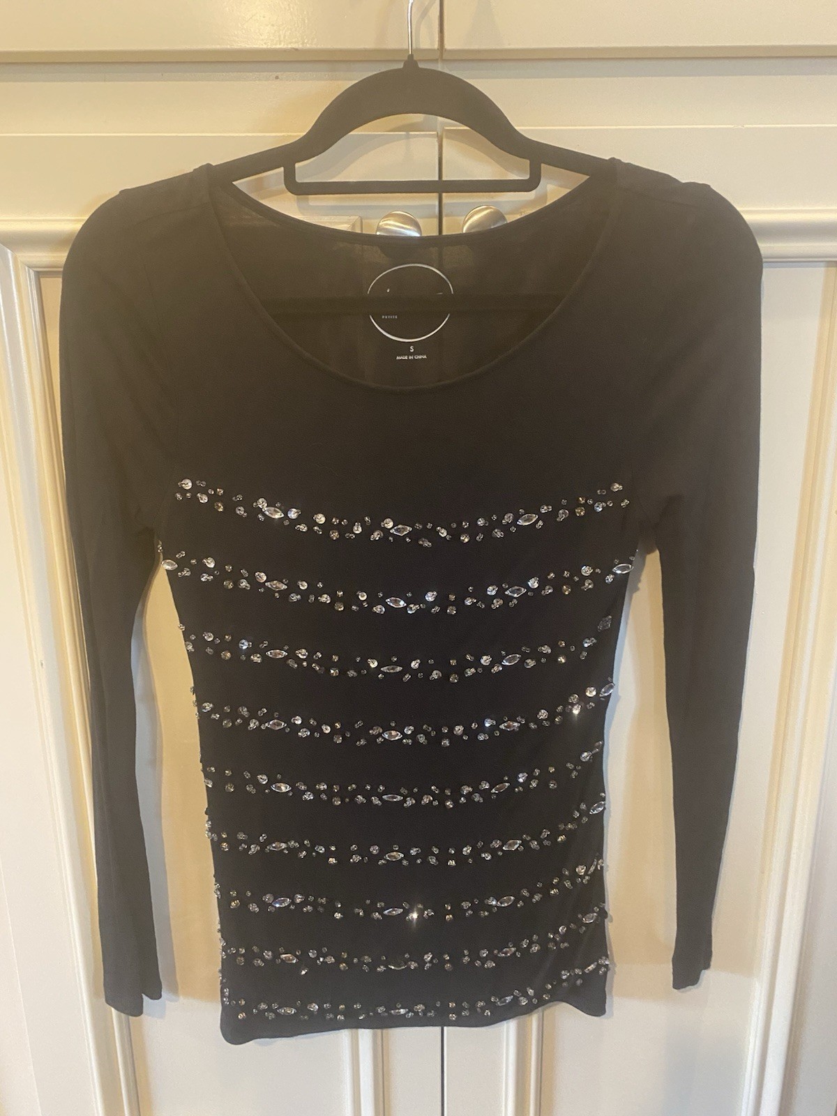 INC International Concepts Black Rhinestone Long Sleeve Top Petite S