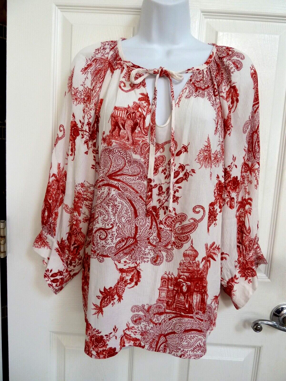 *KAREN KANE Sz Med. 8/10 Gauzy Balloon Sleeve Boho Blouse Asian Print Peasant*