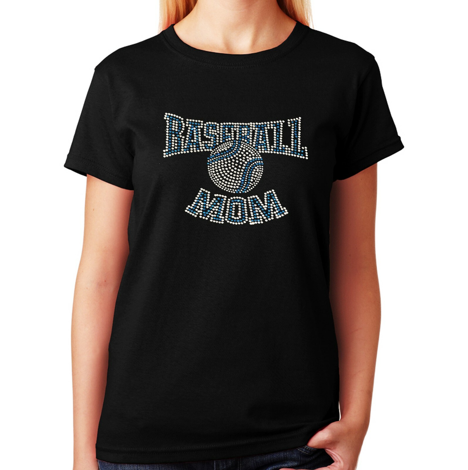 Women’s / Unisex Rhinestone T-shirt ” Baseball Mom with Aqua Blue ” in Sm to 3XL
