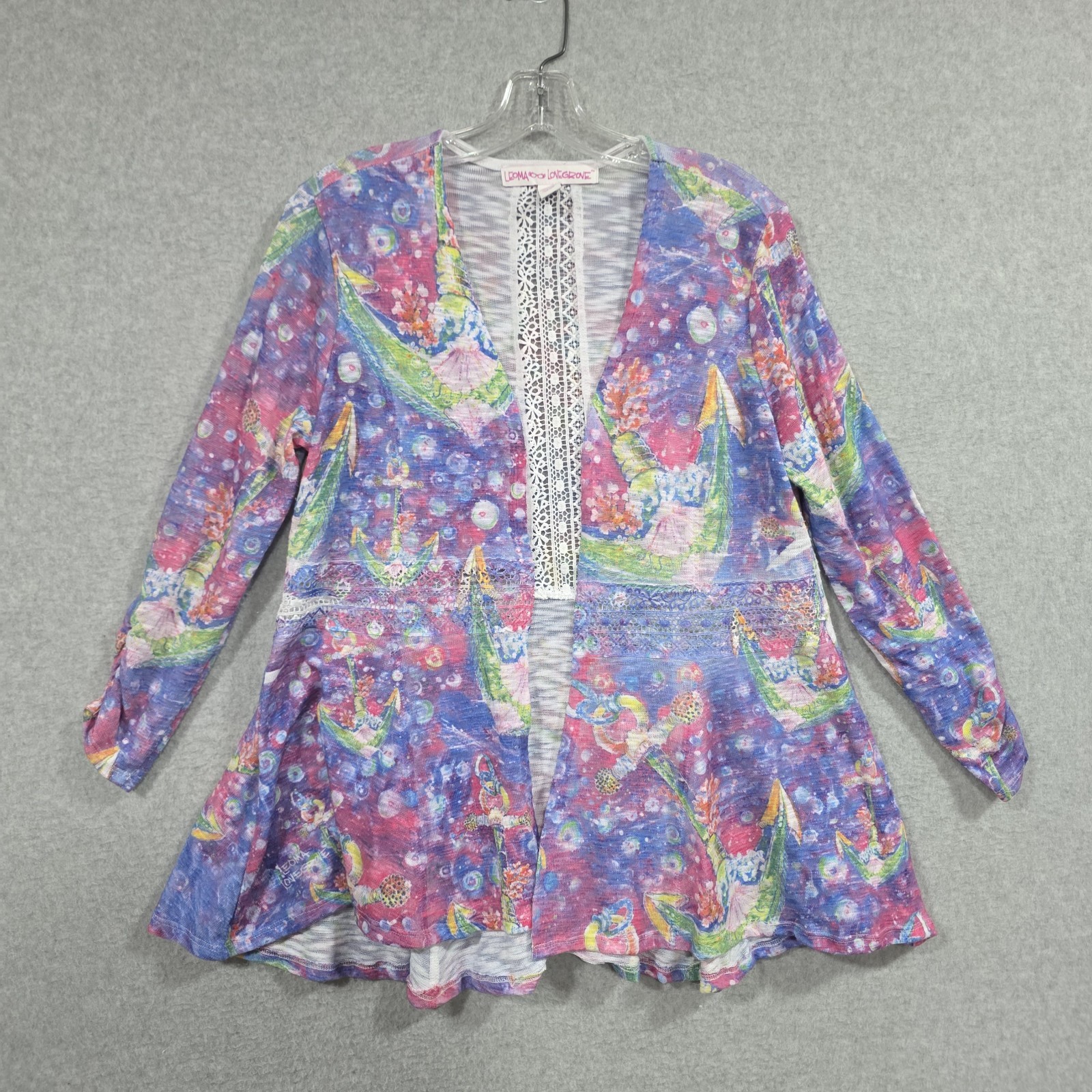 Leoma Lovegrove Open Cardigan Womens Size L Lace Accents Gathered Sleeve