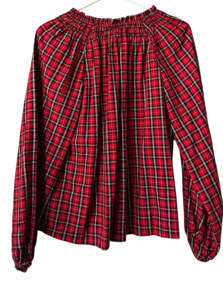 Old Navy Women Split-Neck Seersucker Top Red Tartan Size Small Plaid Lightweight