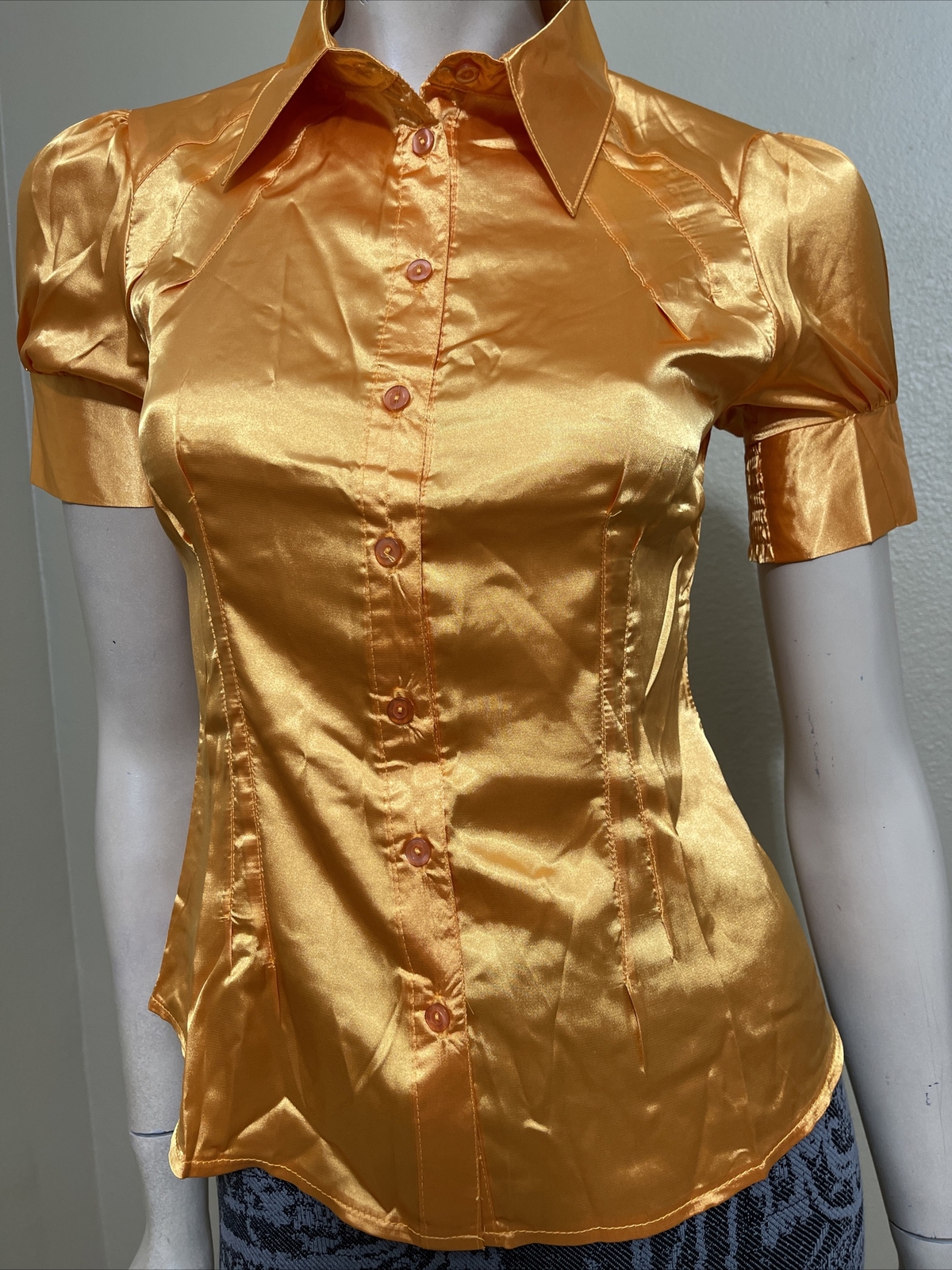 Women’s Orange Polyester Casual Summer Pleat Collar Size M Button Up Blouse Top