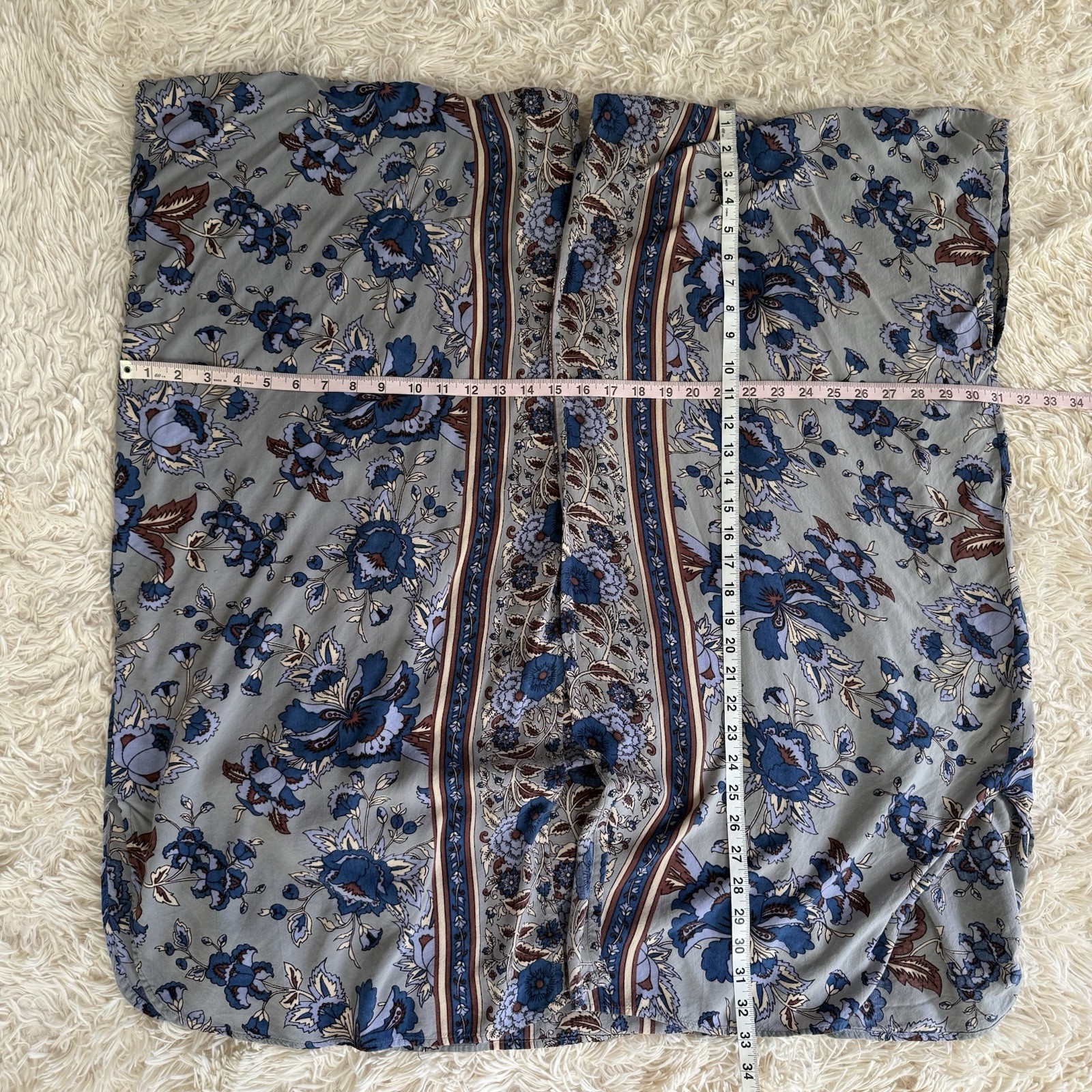Angie Boho Floral open front Kimono Cardigan M Blue Cream Paisley Duster Wrap
