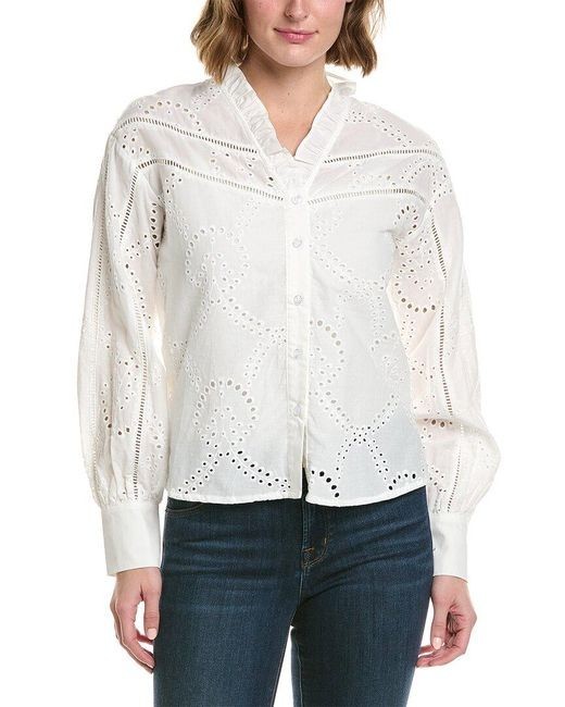 NWT Gracia Womens White Embroidered Eyelet Chic Stitch Trim Frill V-Neck Shirt L