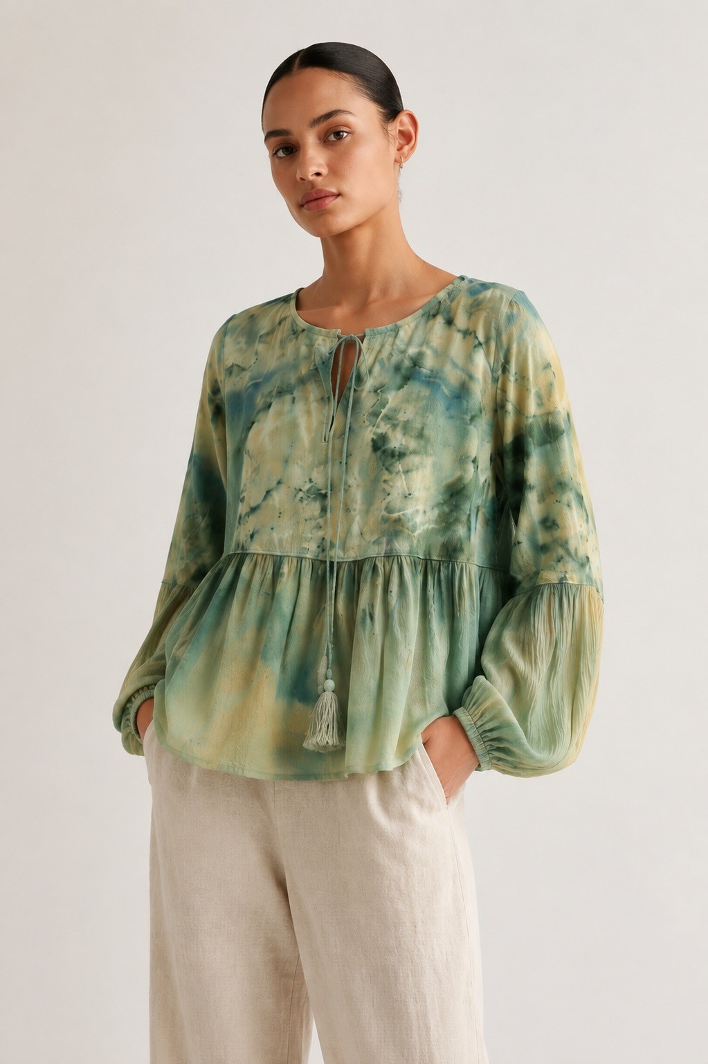 Hand Dyed Green Tie Dye Boho Peasant Top M 100% Viscose Watercolor OOAK ISA ELLA