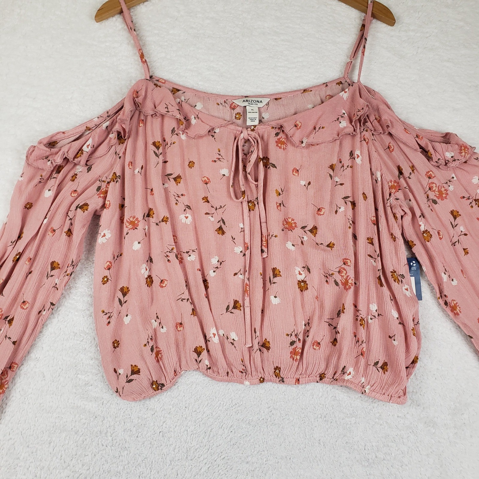 Arizona Jean Co Pink Floral Cold Shoulder Ruffle Tie Front Blouse XL Rayon Top