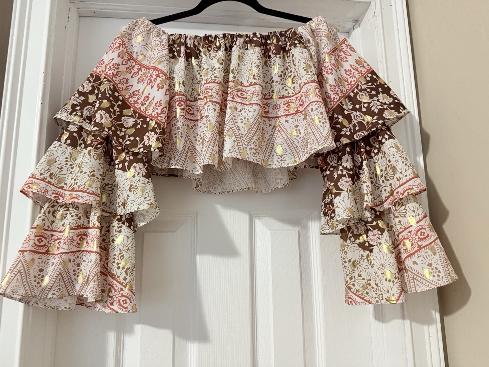 Mare Mare x Anthropologie Brown/Pink/White Floral Off-Shoulder Ruffle Blouse XS