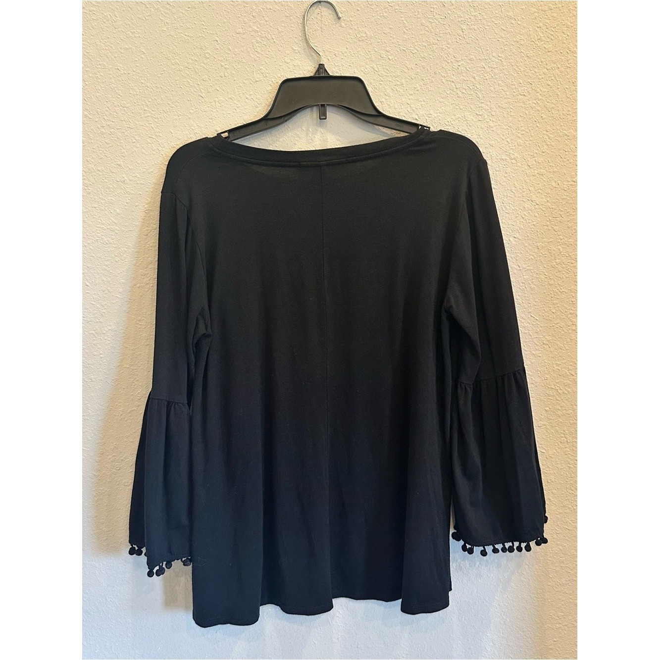 Johnny Was Calmé Black Bell-Sleeve Top with Pom Trim | Size Small