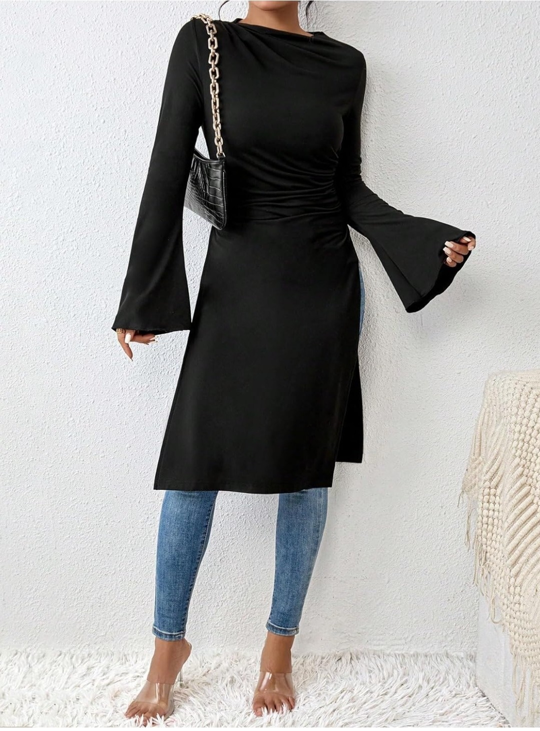 Women’s Black Drawstring Side Style Flounce Long Sleeve Split Thigh Shirt Top L