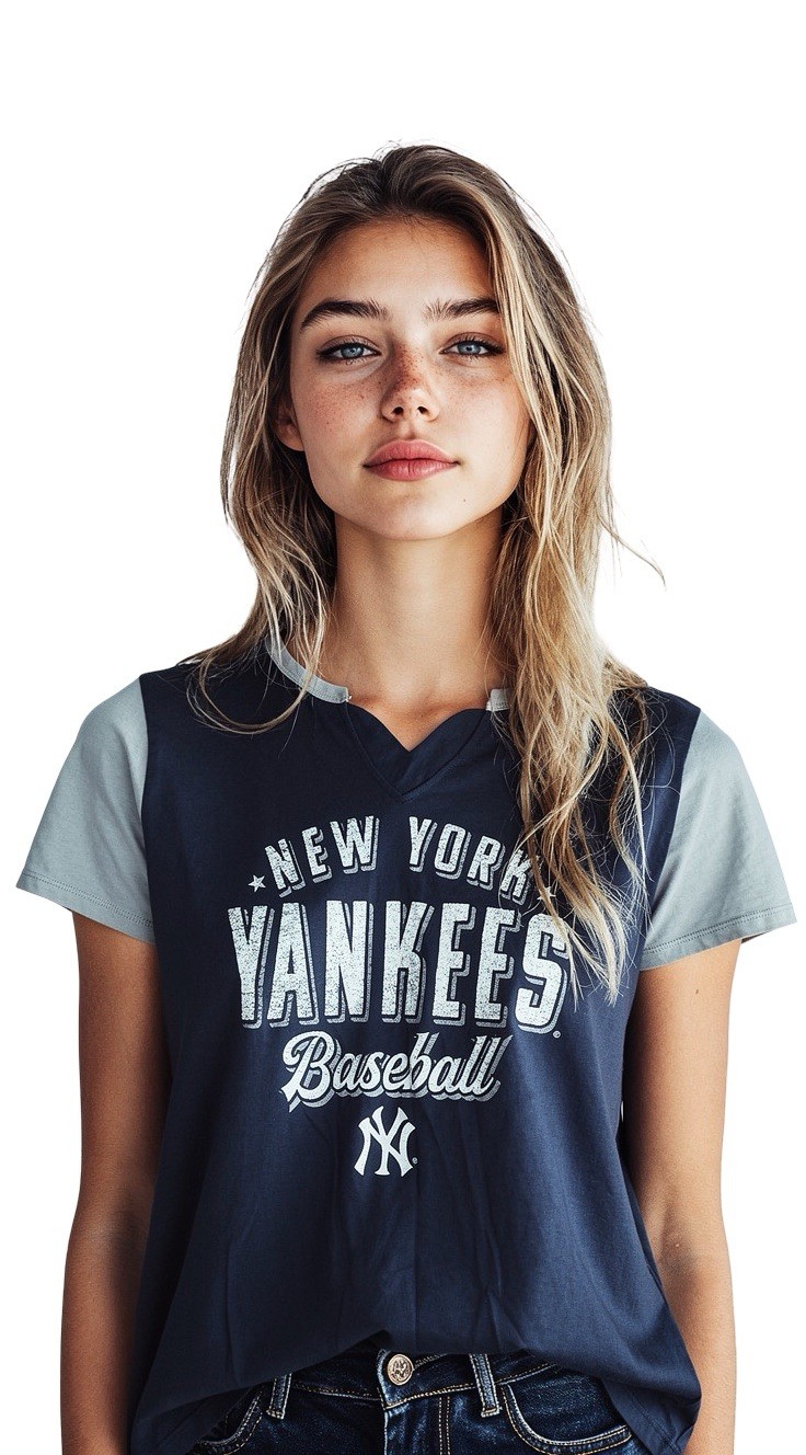 New Era Yankees Women T-Shirt S-M Navy Blue Graphic V-Neck Cut Boxy Fit Baseball