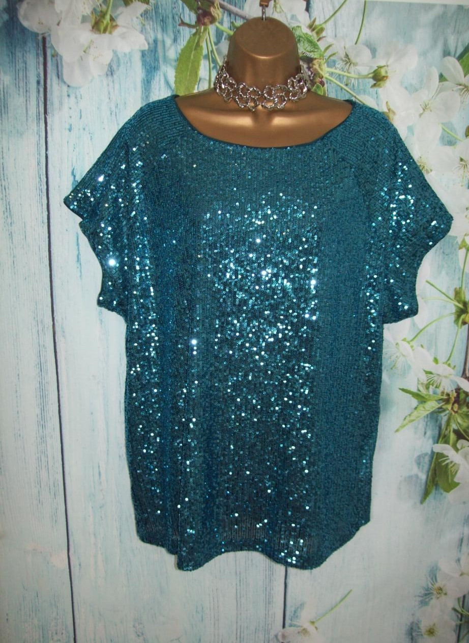 Next Turquoise Sequin Top Size 16 Stretch Sparkly Luxe Party Evening Cruise