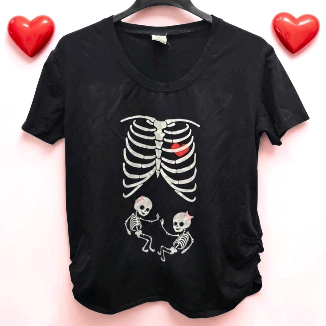 Silk Road Tees Maternity Twin Girls T-Shirt Womens XL-XXL Skeletons Cinched Side