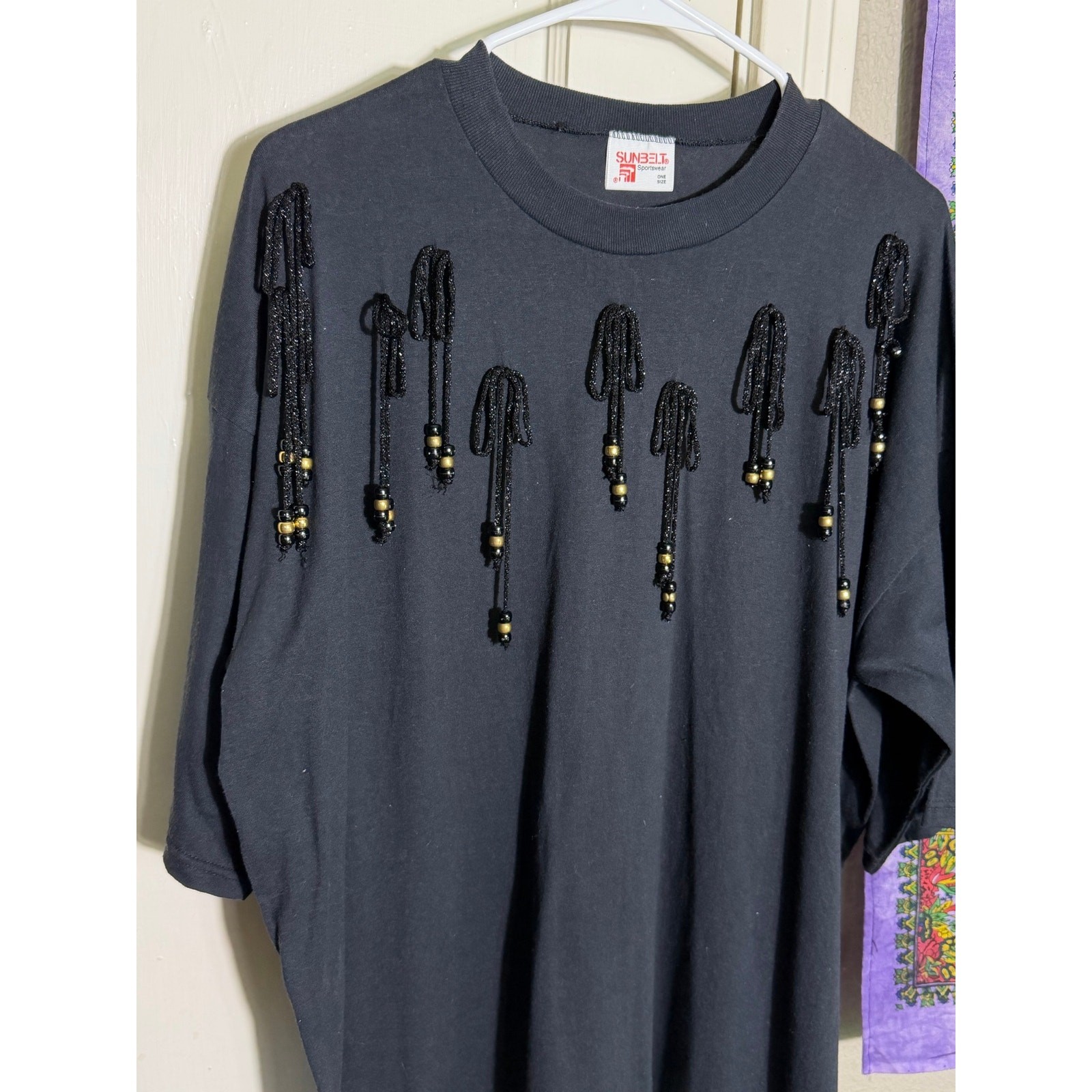 Vintage Sunbelt Sportswear Black Beaded Fringe Oversized Tee One Size USA