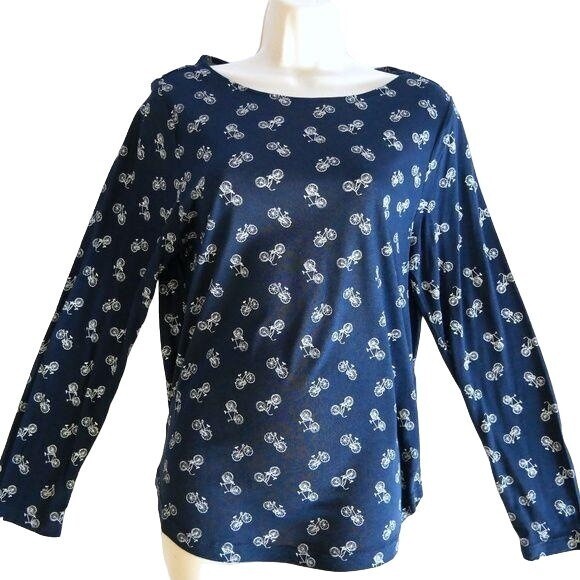 H&M Top Bicycle Bike Novelty Print Long Sleeve Navy Blue Shirt Women’s Medium