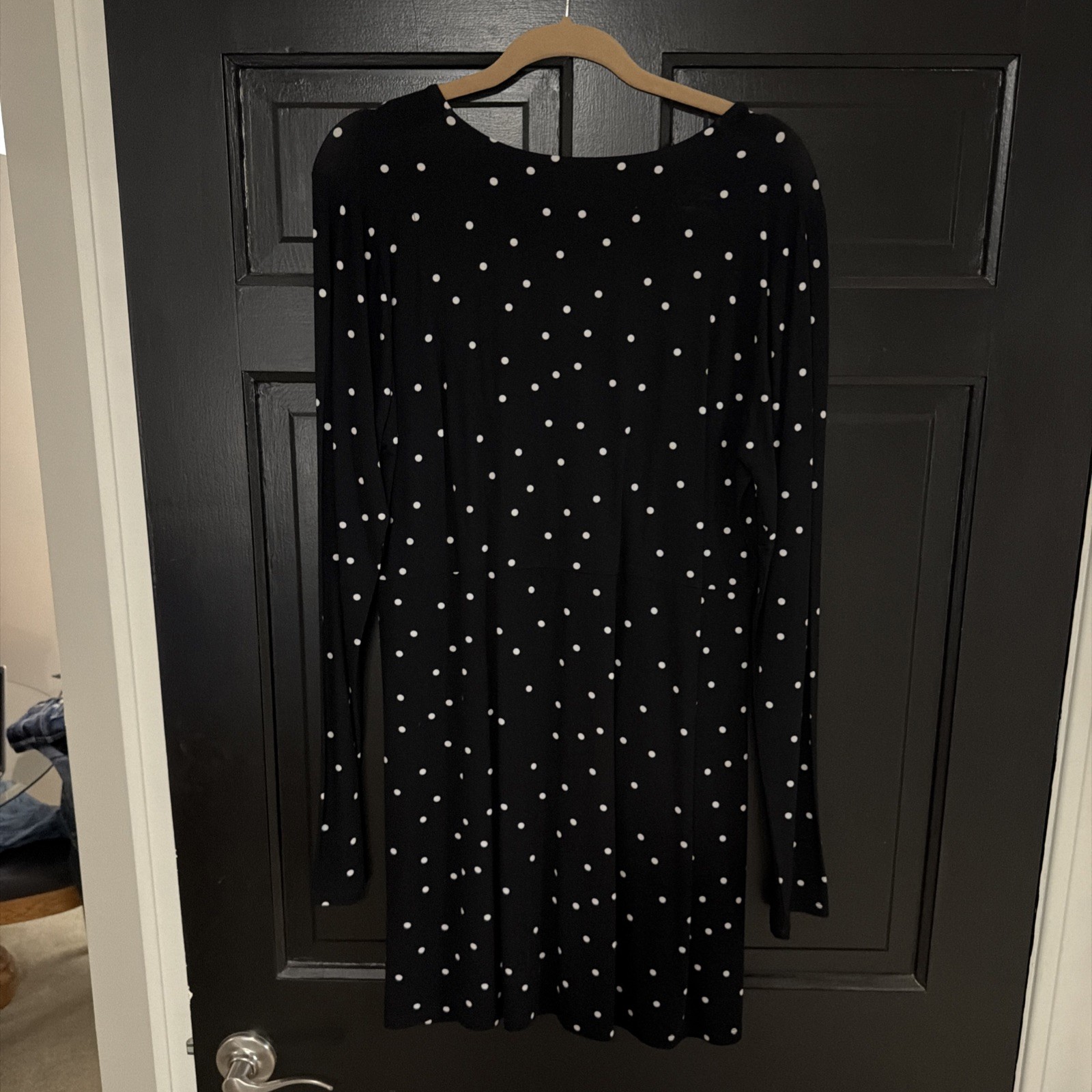 Long Tall Sally Top Size L Black / White Dot Faux Wrap Tunic V-Neck