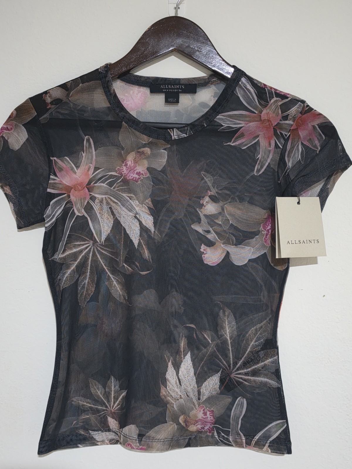 ALLSAINTS Floral Mesh Sheer T-Shirt Black Pink Gray Round Neck Short Sleeve US 2