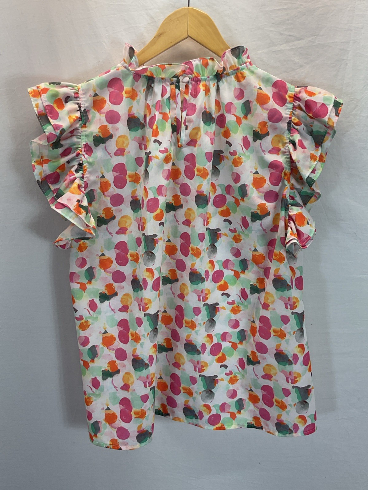 THML Abstract High Ruffle Neck Flutter Sleeve Blouse Top Size L Romantic Summer