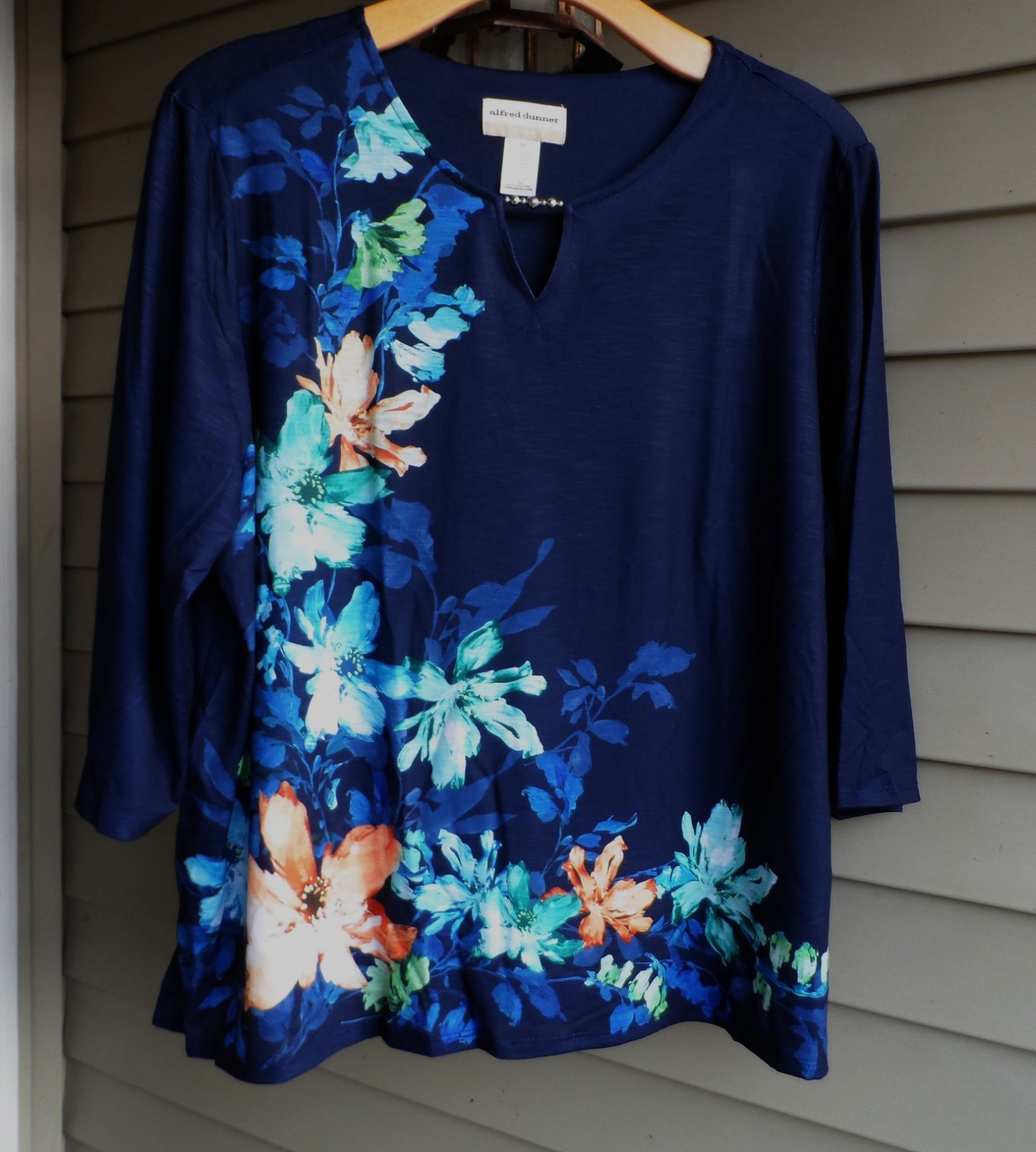 NWT ALFRED DUNNER STUNNING DEEP NAVY COLORFUL FLORALS JEWEL TRIM KNIT TOP 2X