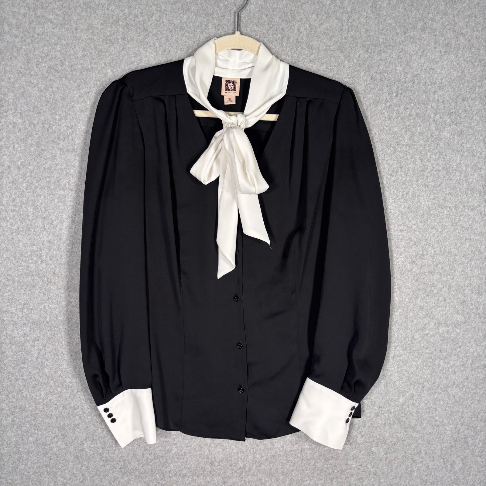 Anne Klein Neck Tie Satin Blouse XL Black White Bow Tuxedo Feminine Masculine