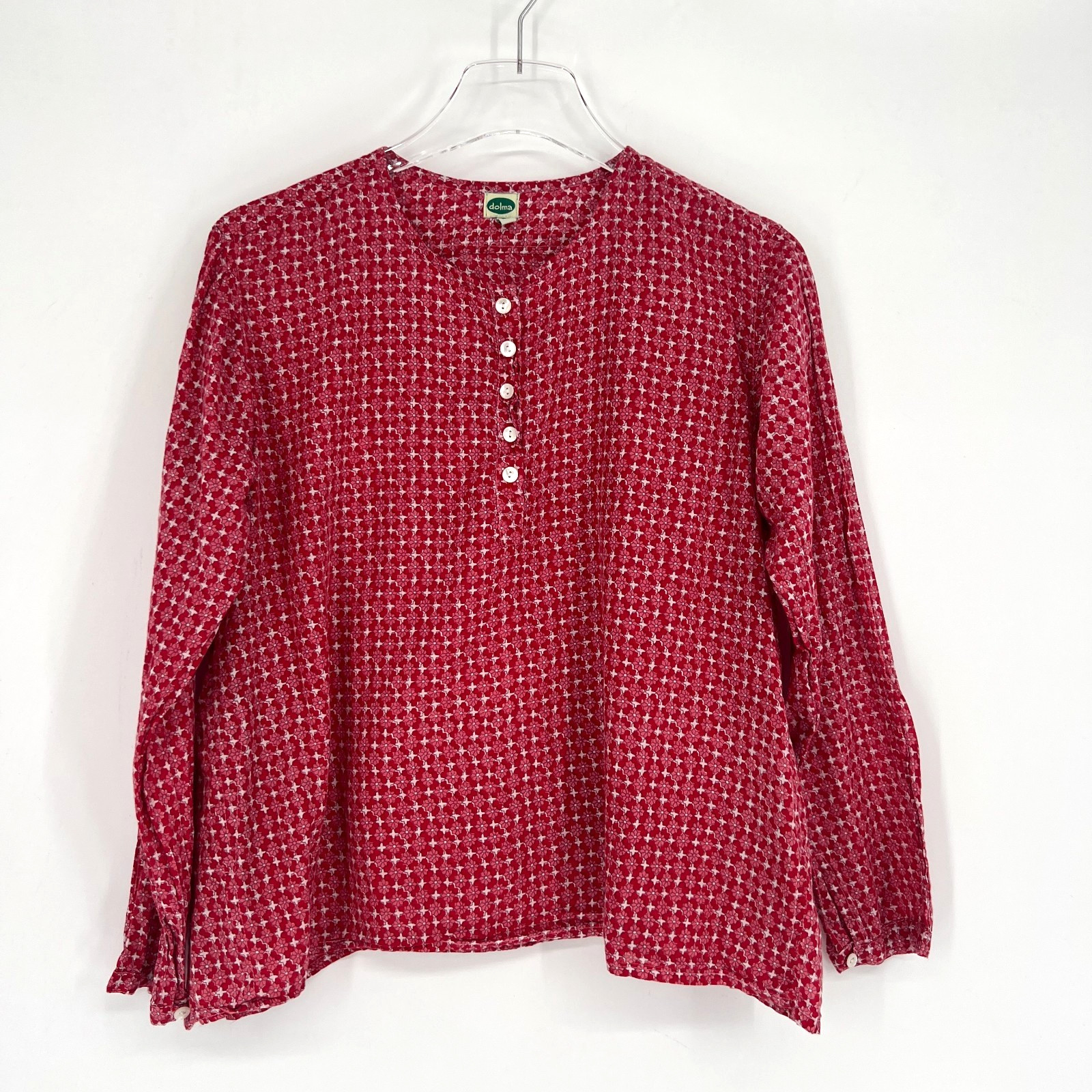 Dolma Top Womens XL Red Floral Lighweight Boho Henley Breathable Boxy Pockets
