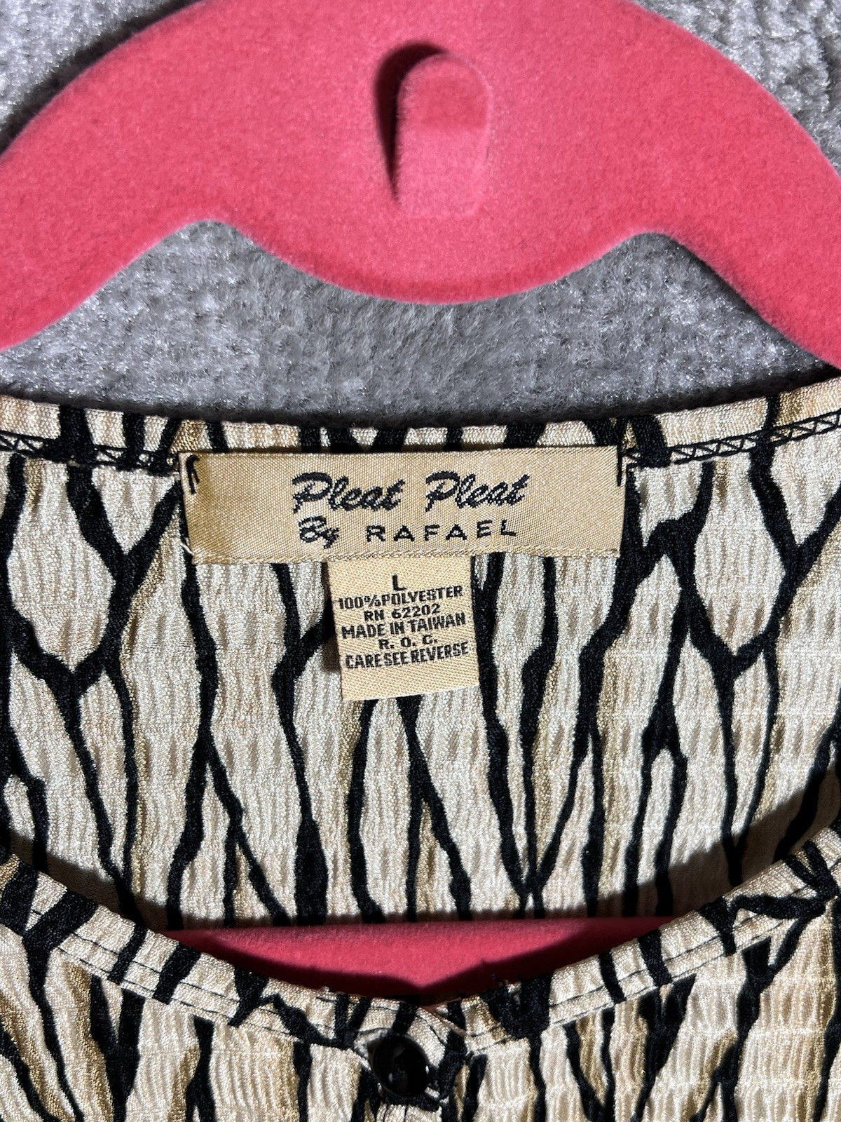 Vintage Pleat Pleat Rafael Crinkle Texture Button Up Top Womens Sz LG Tan Black